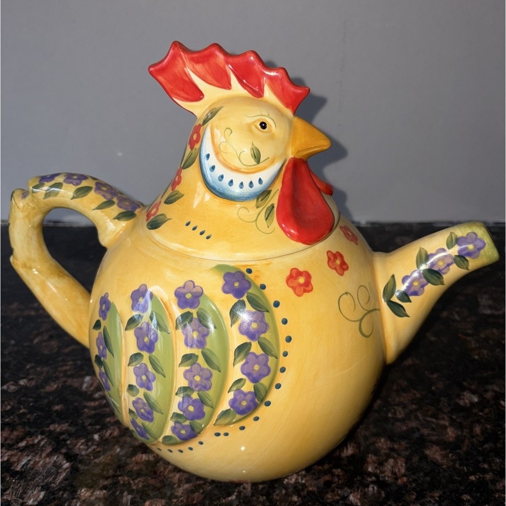 Tabletops Fontana Hand‎ Painted Rooster Yellow Large Teapot By DARIO FARRUCCI